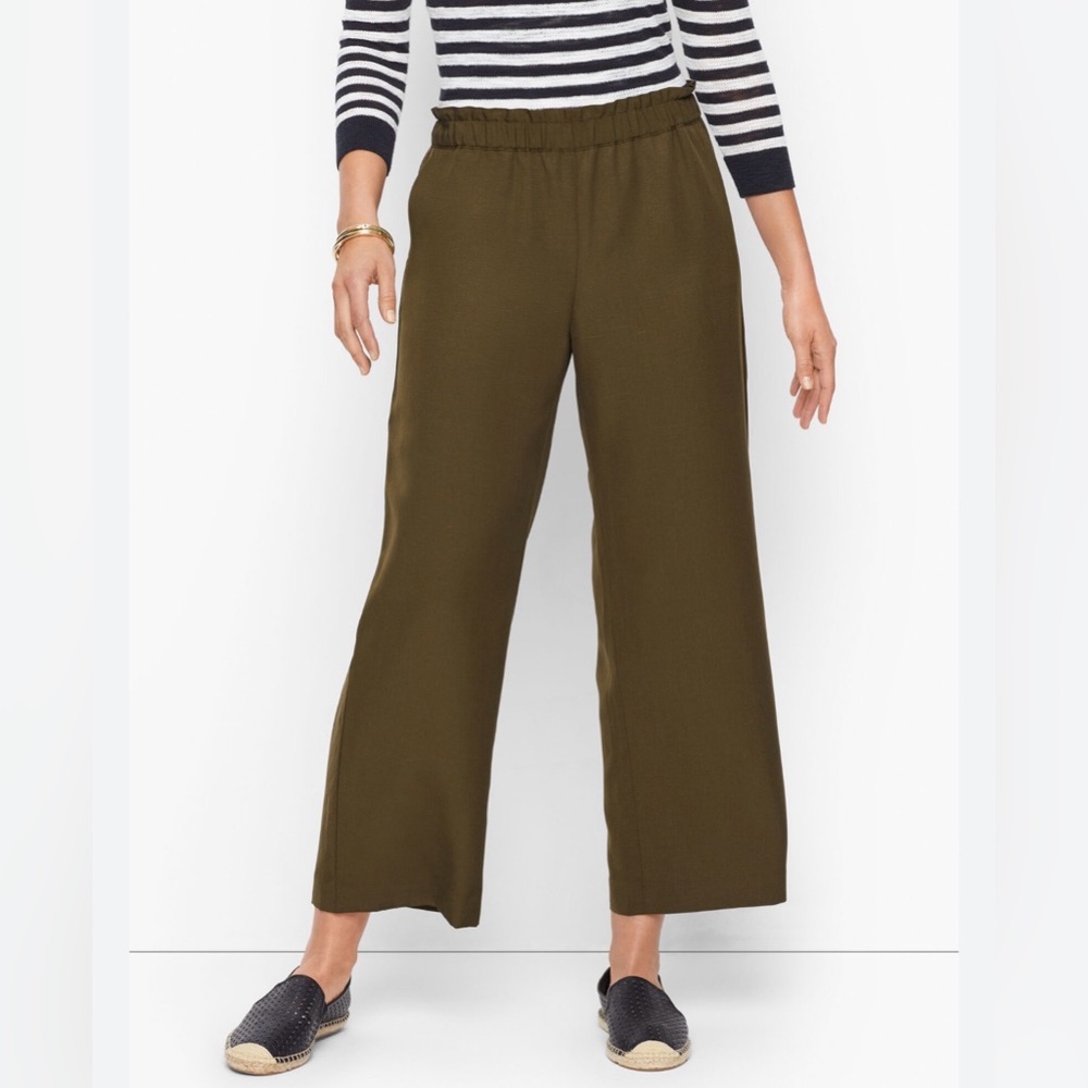 Talbots Olive Green Wide Leg High Rise Cropped Linen Pants Culottes Boho Resort